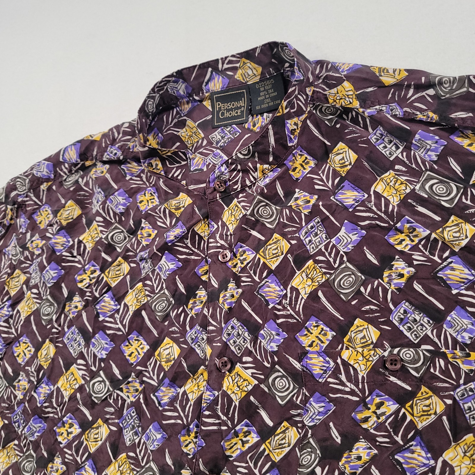 Personal Choice Men Silk Shirt 2XL Blade Collar Geometric Button Up Purple