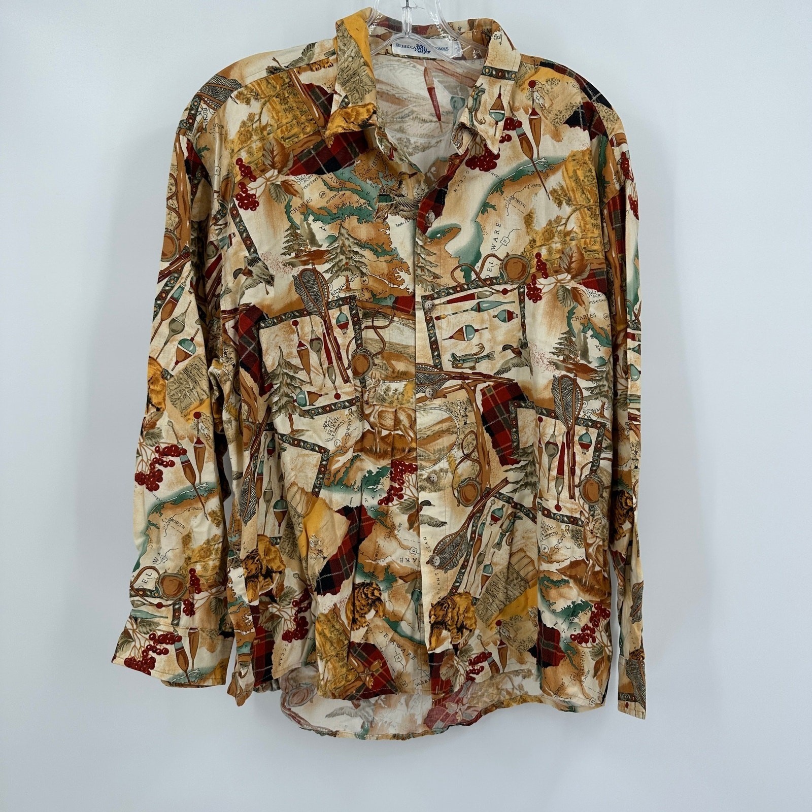 Men Vintage Wildlife Fishing Map Novelty Print Shirt Size L Outdoors Hunting 90s