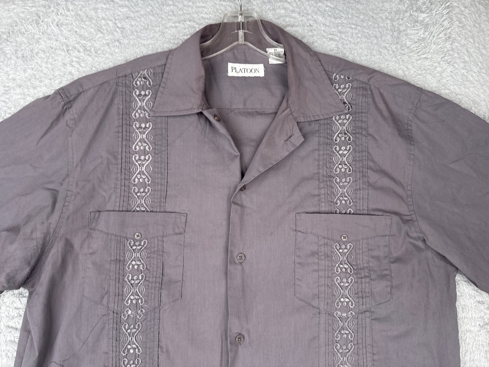 Platoon Guayabera Shirt Men Extra Large Gray 4 Pocket Cotton Polyester Blend