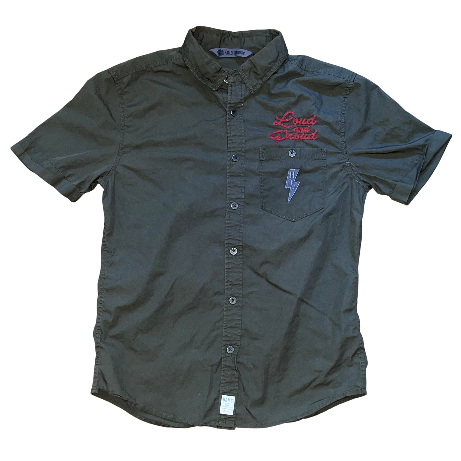 Harley-Davidson Mechanic Work Shirt Mens M Army Green Short Sleeve Button Down