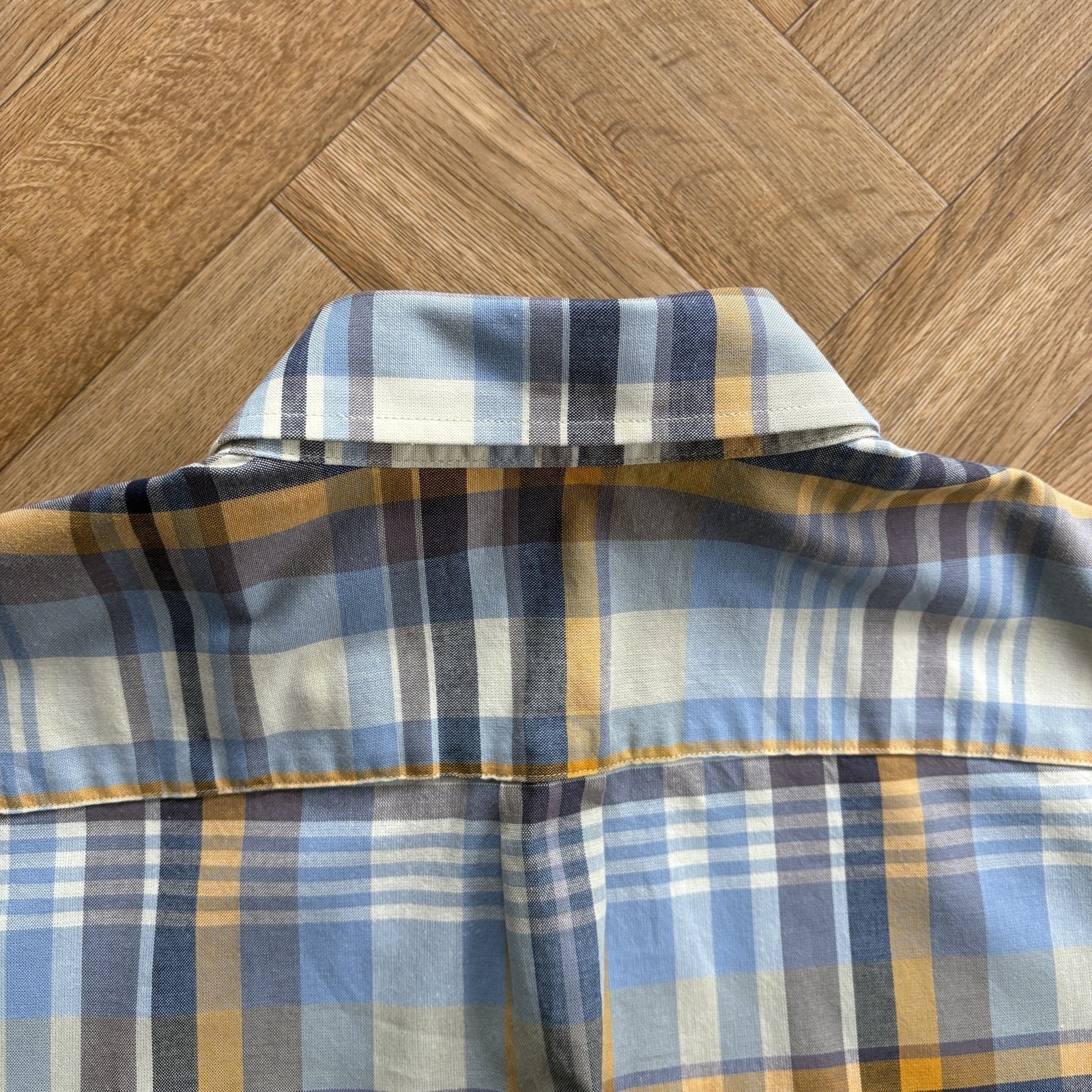 FRED PERRY Short Sleeve Check Shirt Blue White Orange Mens Size Large Mod 60s