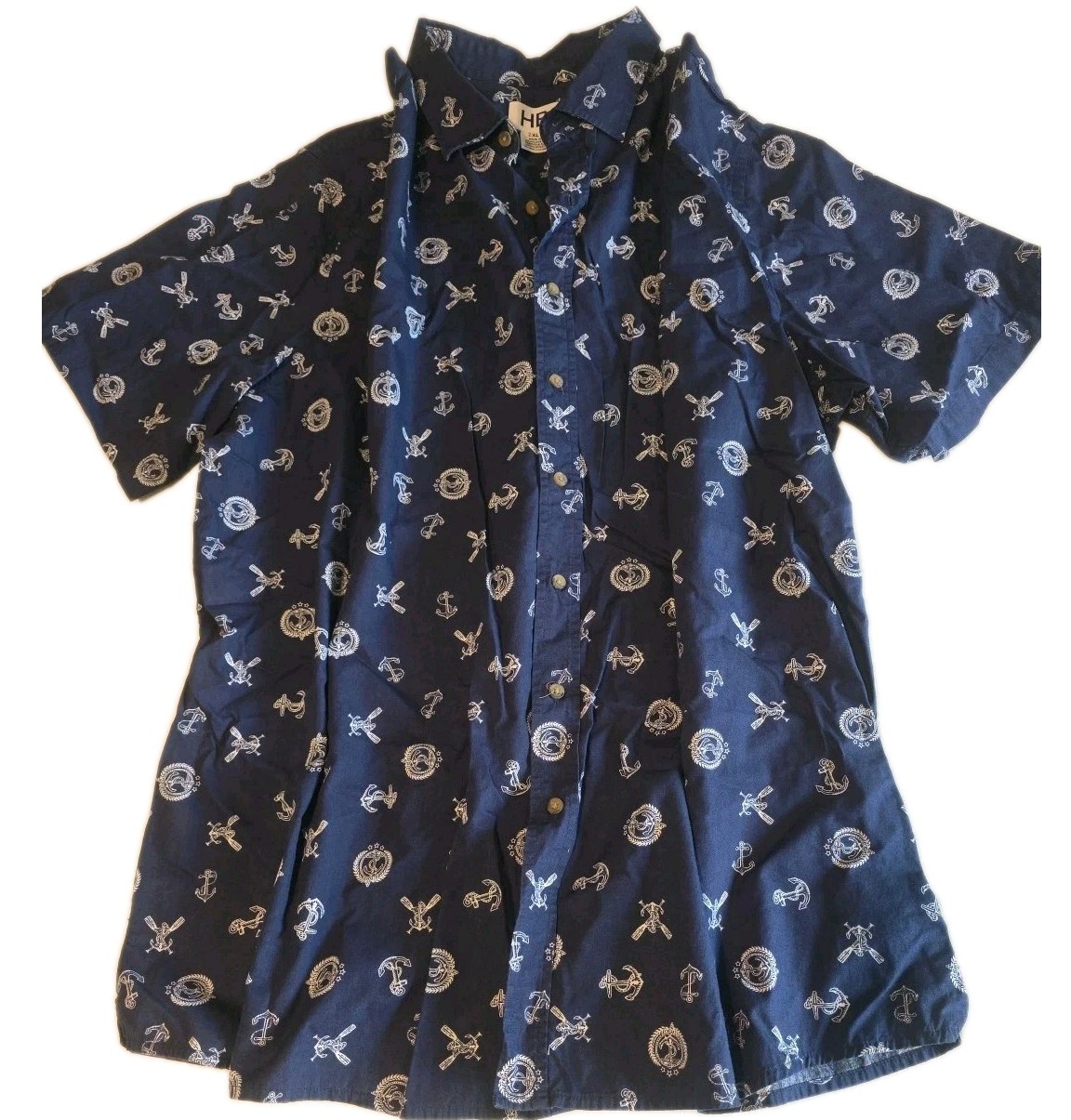 Harbor Bay Nautical Button-Up Shirt Blue Anchor Slit Side Seam Men’s TALL 2XLT