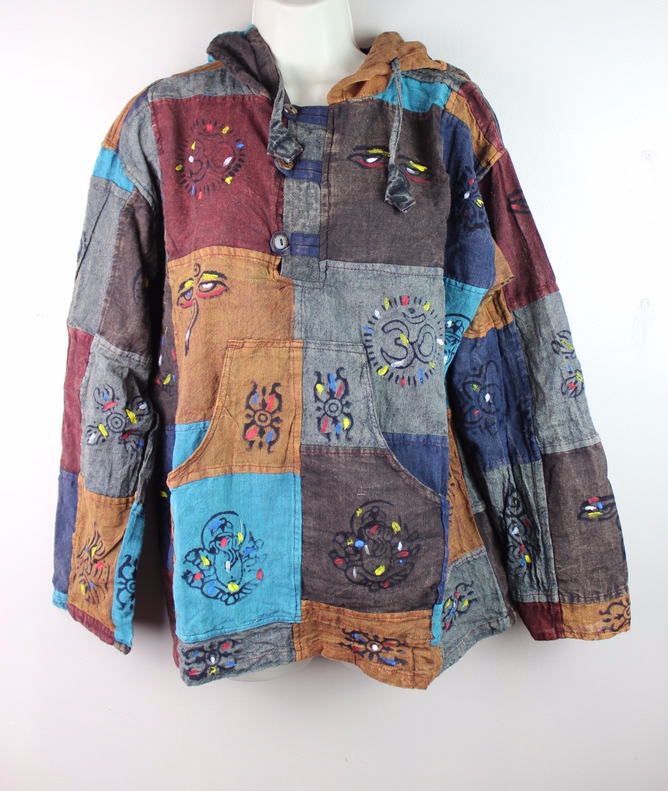 S-5XL Stonewashed Patchwork Hooded Boho Shirt Pullover Hippy Festival Kurta CS32