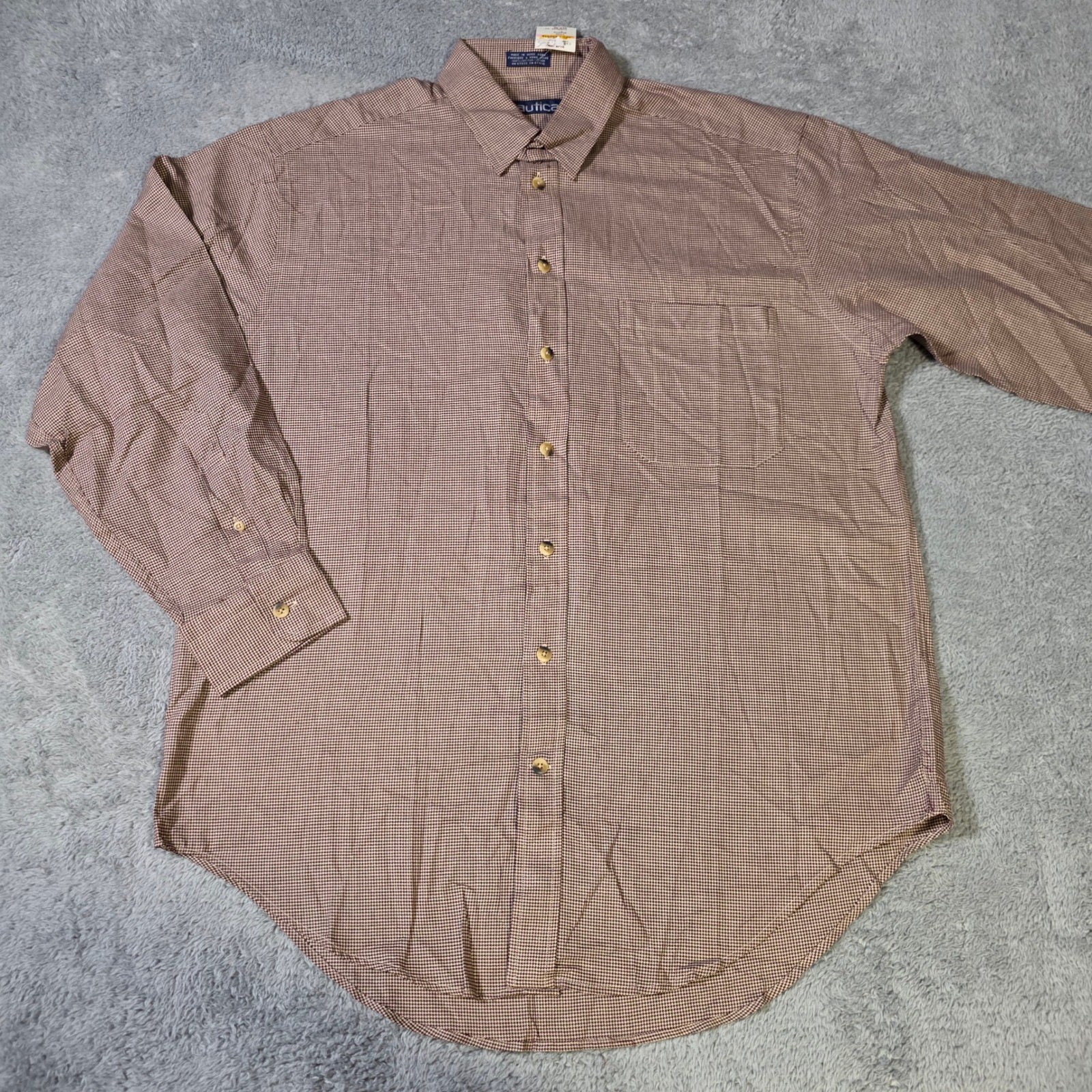 Nautica Mens 16-33 Button Down Shirt Burgundy Tan Micro Check Long Sleeve Pocket