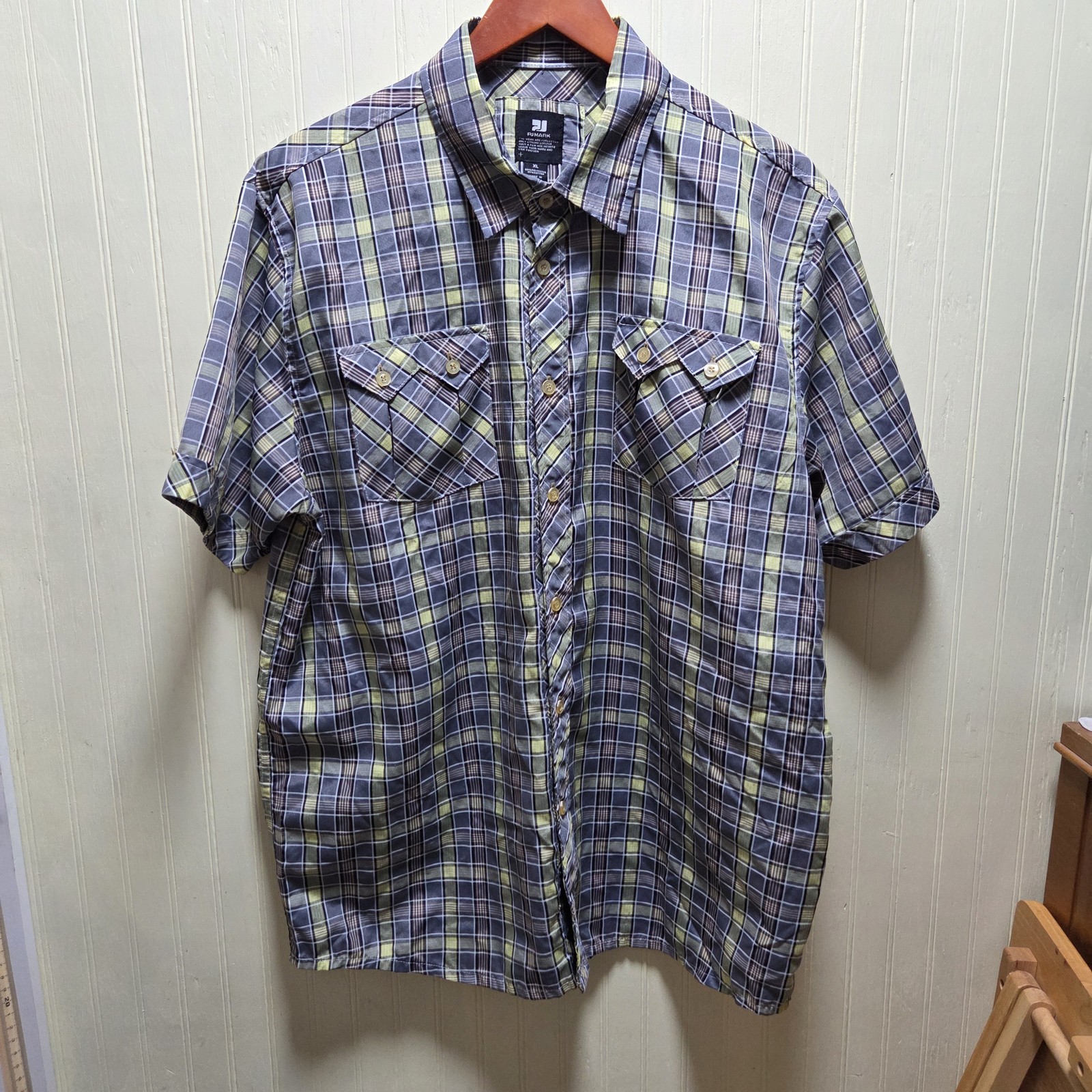 PJMARK Shirt Mens XL Blue Plaid Short Sleeve Button Front Pockets Casual