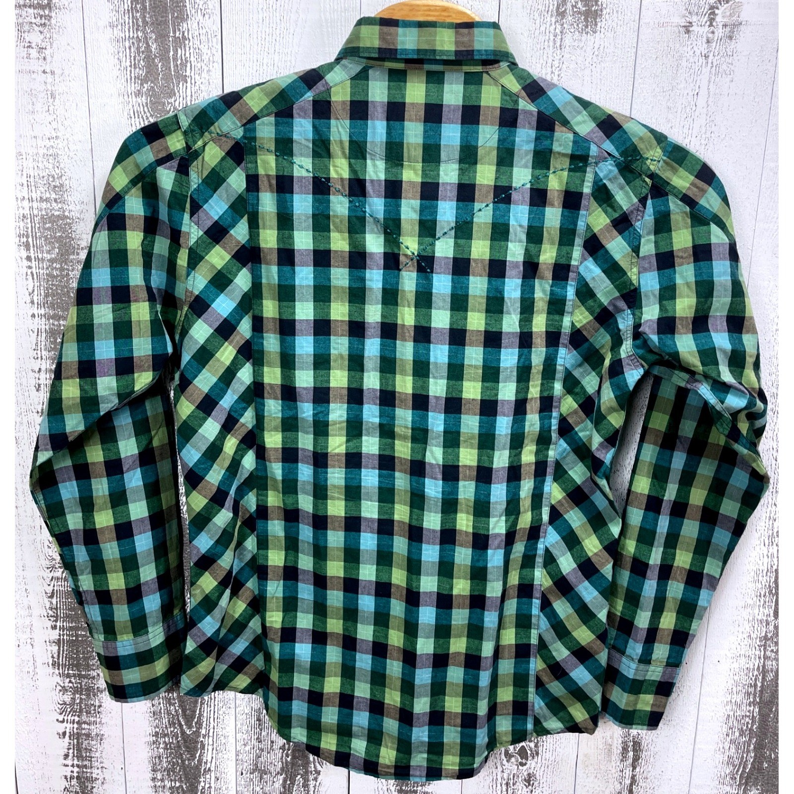 Wrangler 20X Mens L Green Blue Plaid Western Cowboy Rodeo Shirt