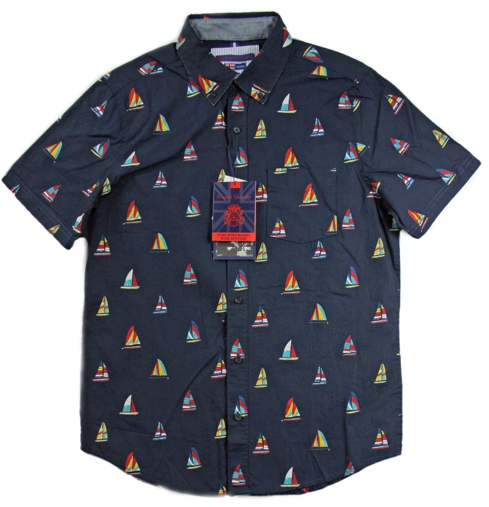 English Laundry Mens Shirt M Short Sleeve Button Front Regular Fit Navy $54 NEW