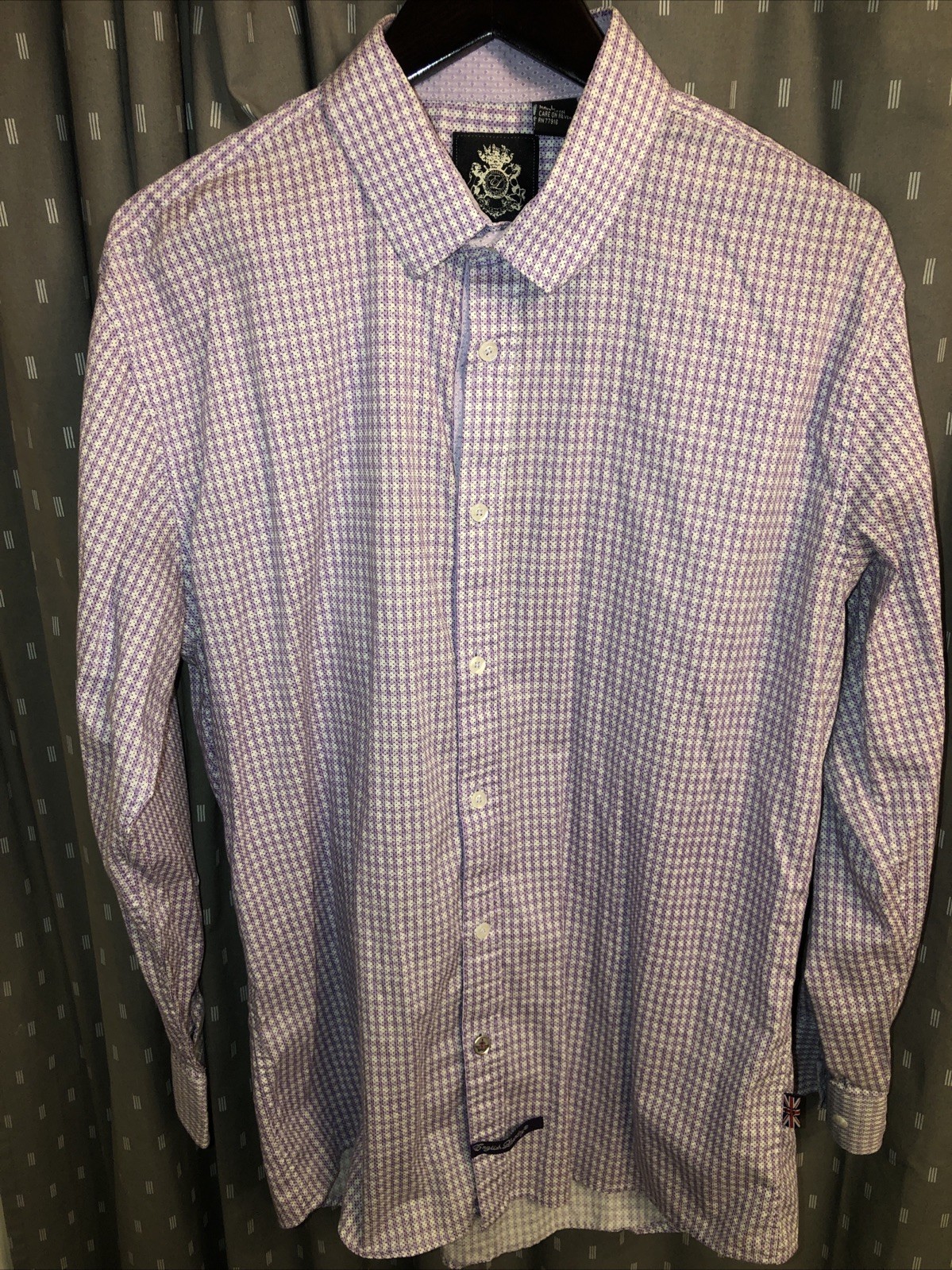 English Laundry Button Down Cotton Stretch Purple White Windowpane Check Mens L