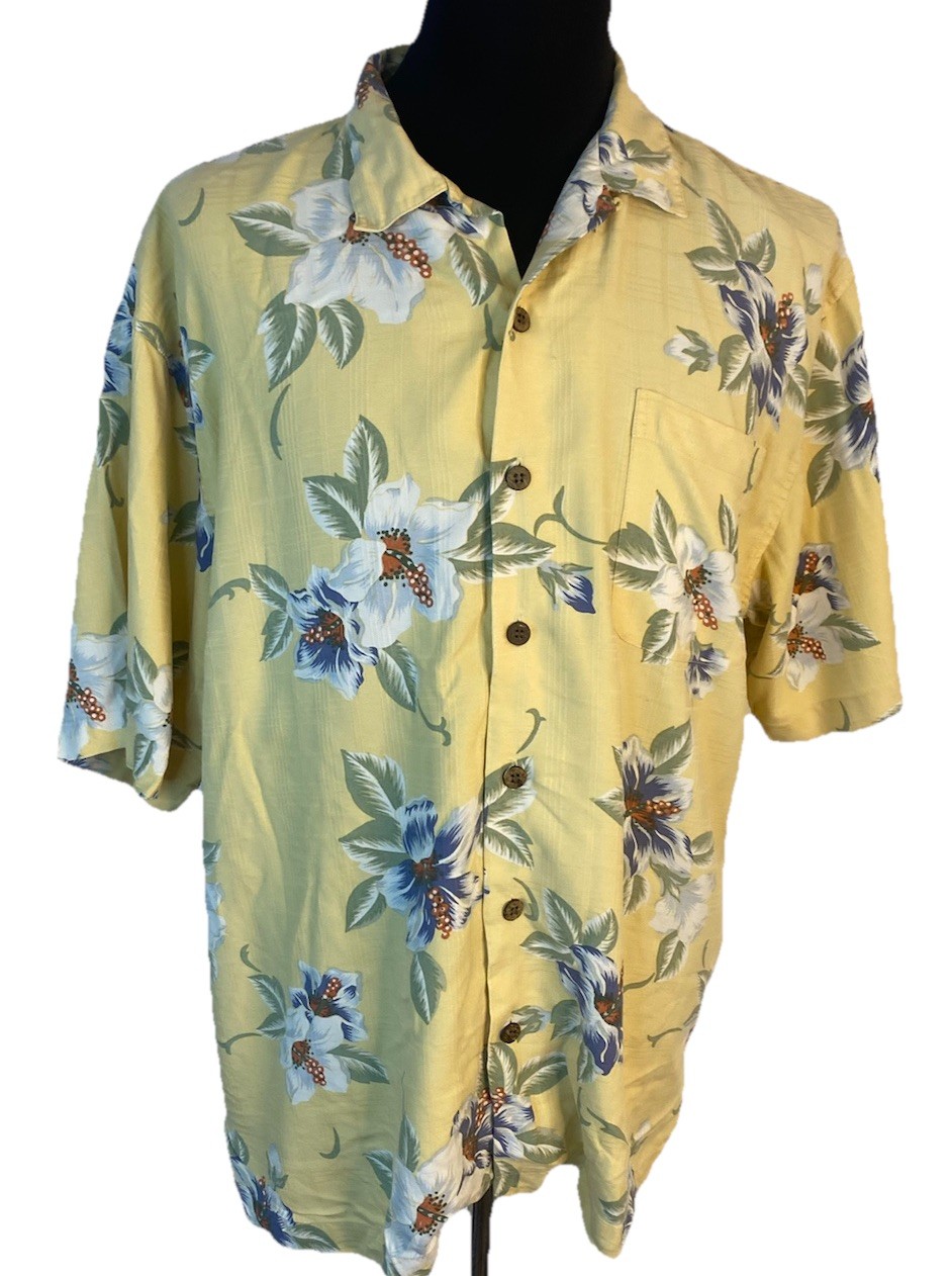 Hilo Hattie Hawaiian Shirt Mens Large Yellow Buff 100% Silk Textured