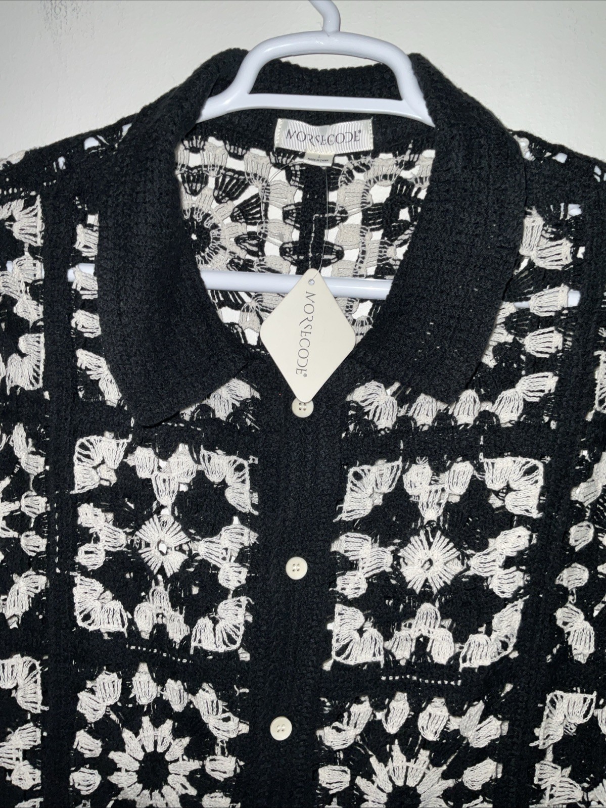 MORSECODE CROCHET OPEN LOOSE KNIT SQUARE PATCHWORK BLACK BUTTON SHIRT L NWT