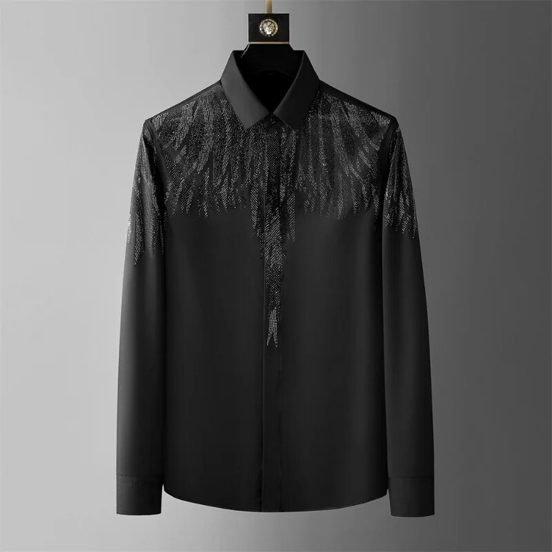 New Luxury Men Diamond Rhinestones Fashion Button-Down Shirt High Quality