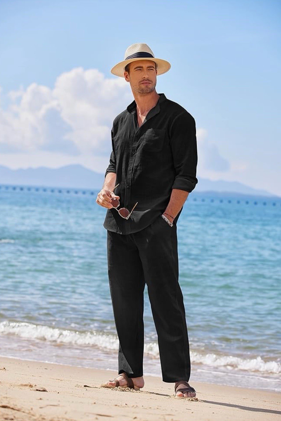 COOFANDY Linen Sets For Men 2 Piece Button Down Shirt Long Sleeve And Casual L