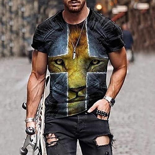 Streetwear style black men’s tiger pattern crew neck printed T-shirt