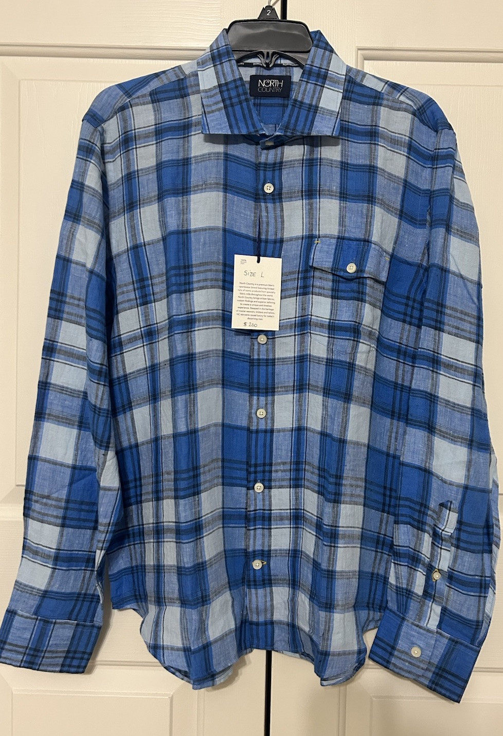 NWT North Country Size L blue plaid long sleeve linen button up shirt $200