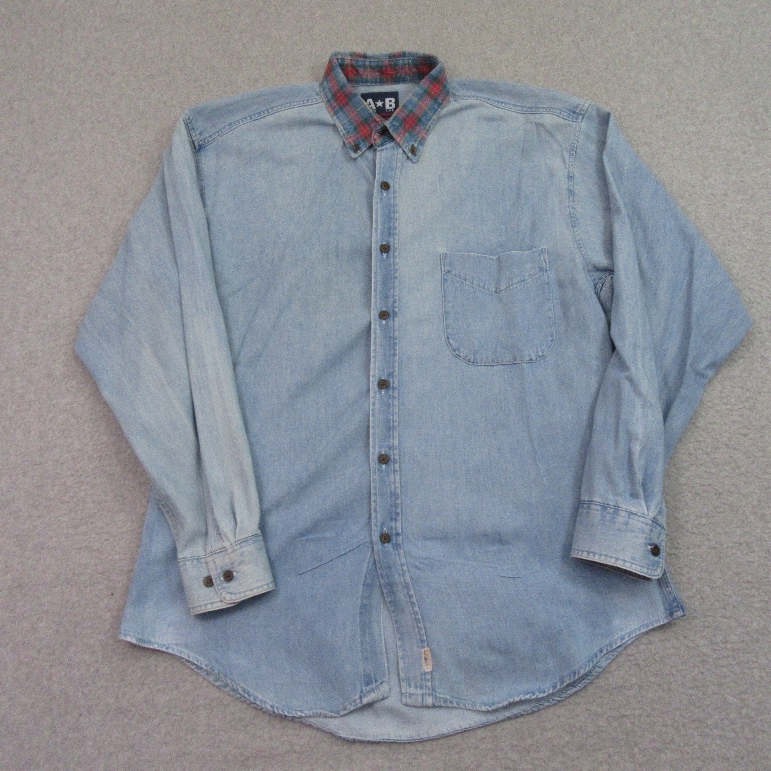 American Blue Vintage Mens Button Down Denim Shirt M Light Wash Plaid Collar