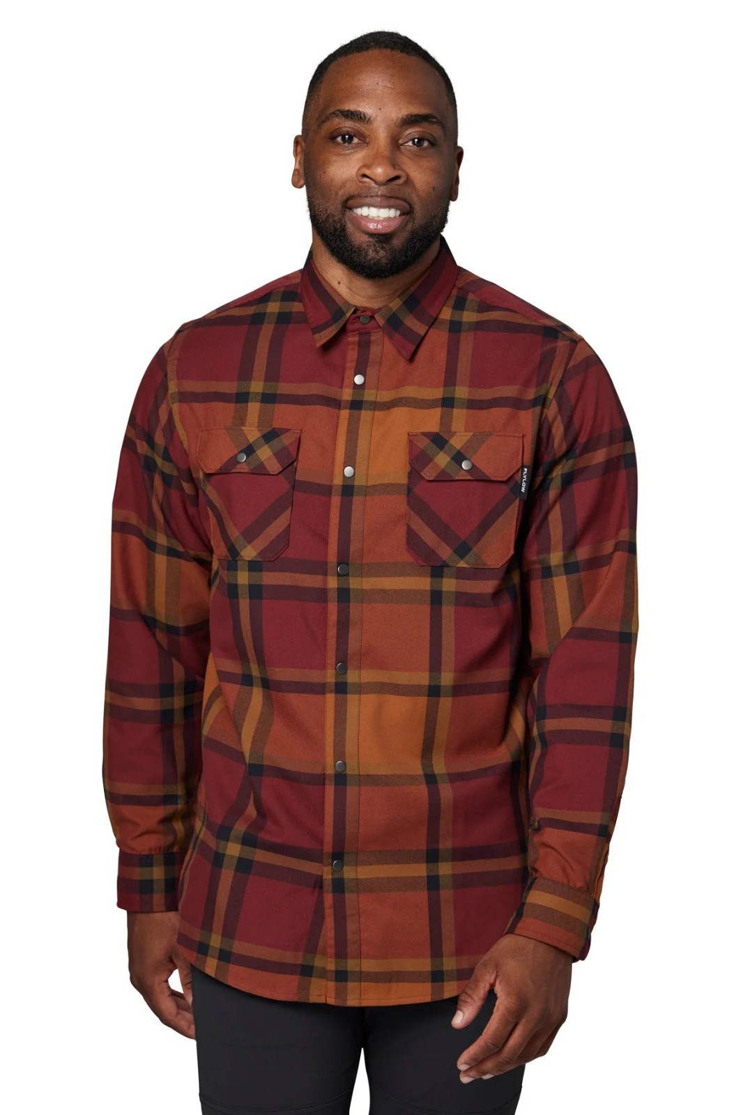 $95 Flylow Men’s Handlebar Tech Flannel Shirt – Redwood/Copper – Small -New Tag