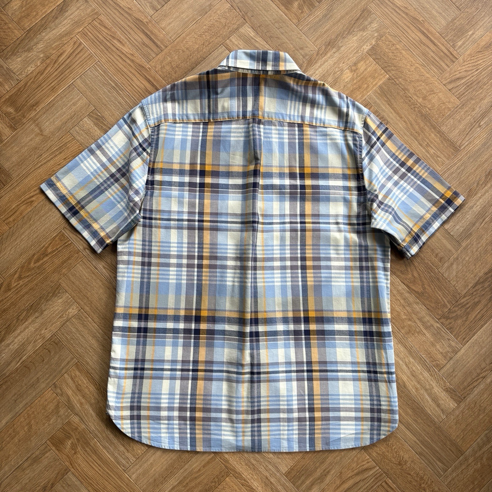 FRED PERRY Short Sleeve Check Shirt Blue White Orange Mens Size Large Mod 60s