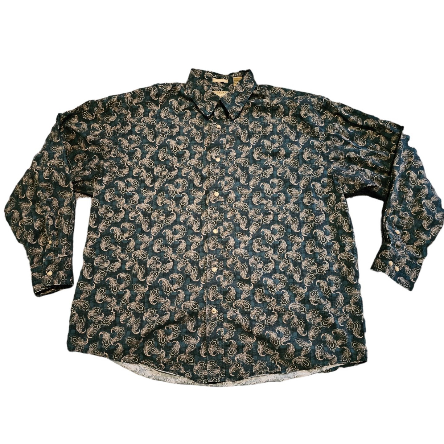 Vintage Natural Issue Wrinkle-Free Sz XL Long Sleeve Button Green Leaf Pattern 