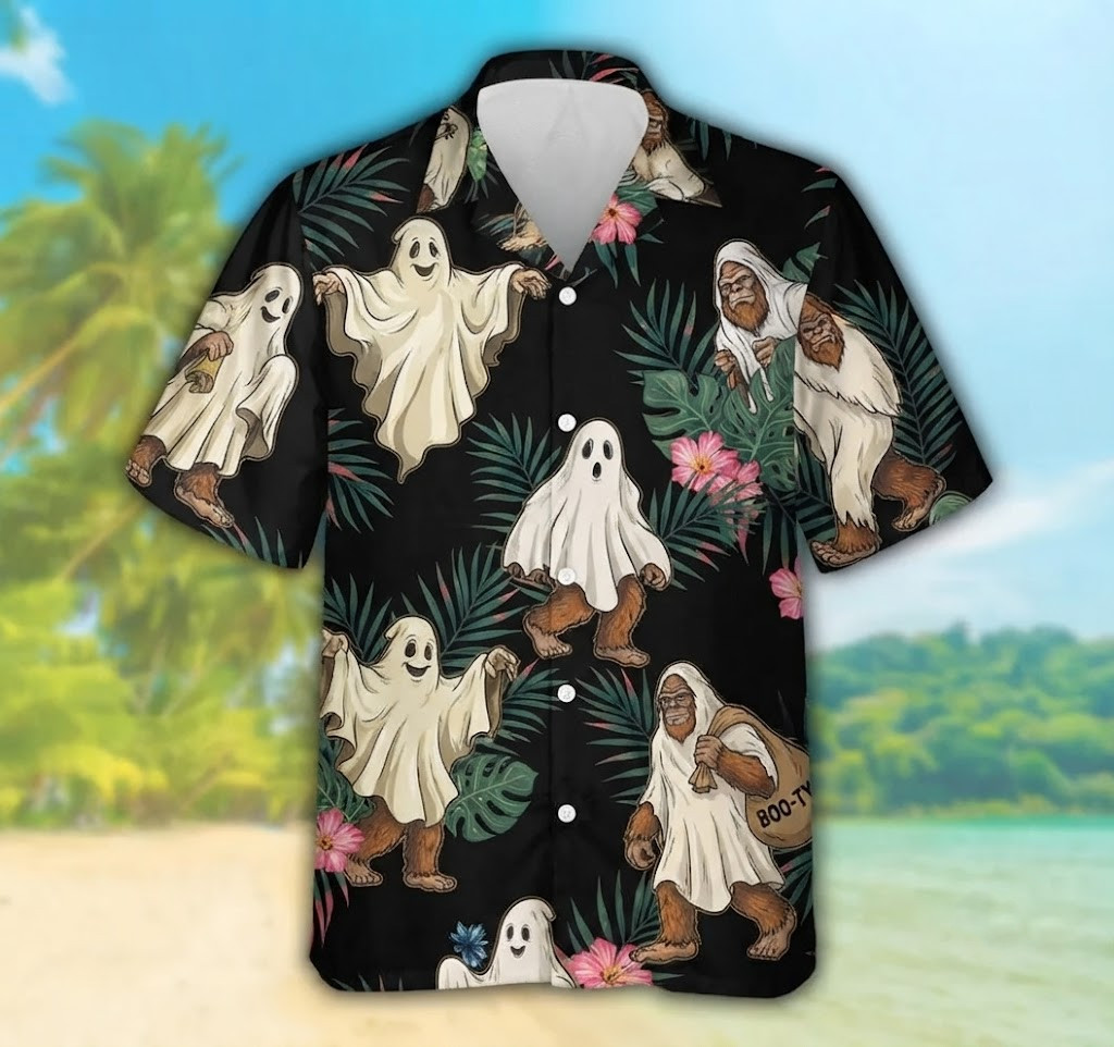 Funny Bigfoot Ghost Halloween, Spooky Hawaiian Shirt, Friends Gift