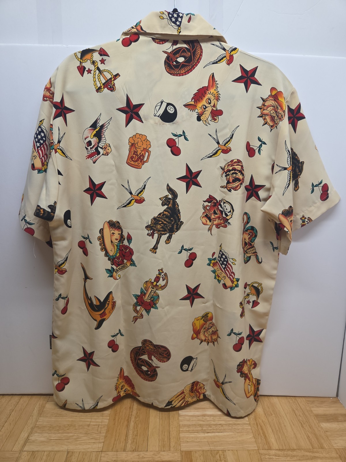 Vtg Dragonfly Clothing Co Tattoo Flash Shirt Medium All Over Print Y2K Rockabill