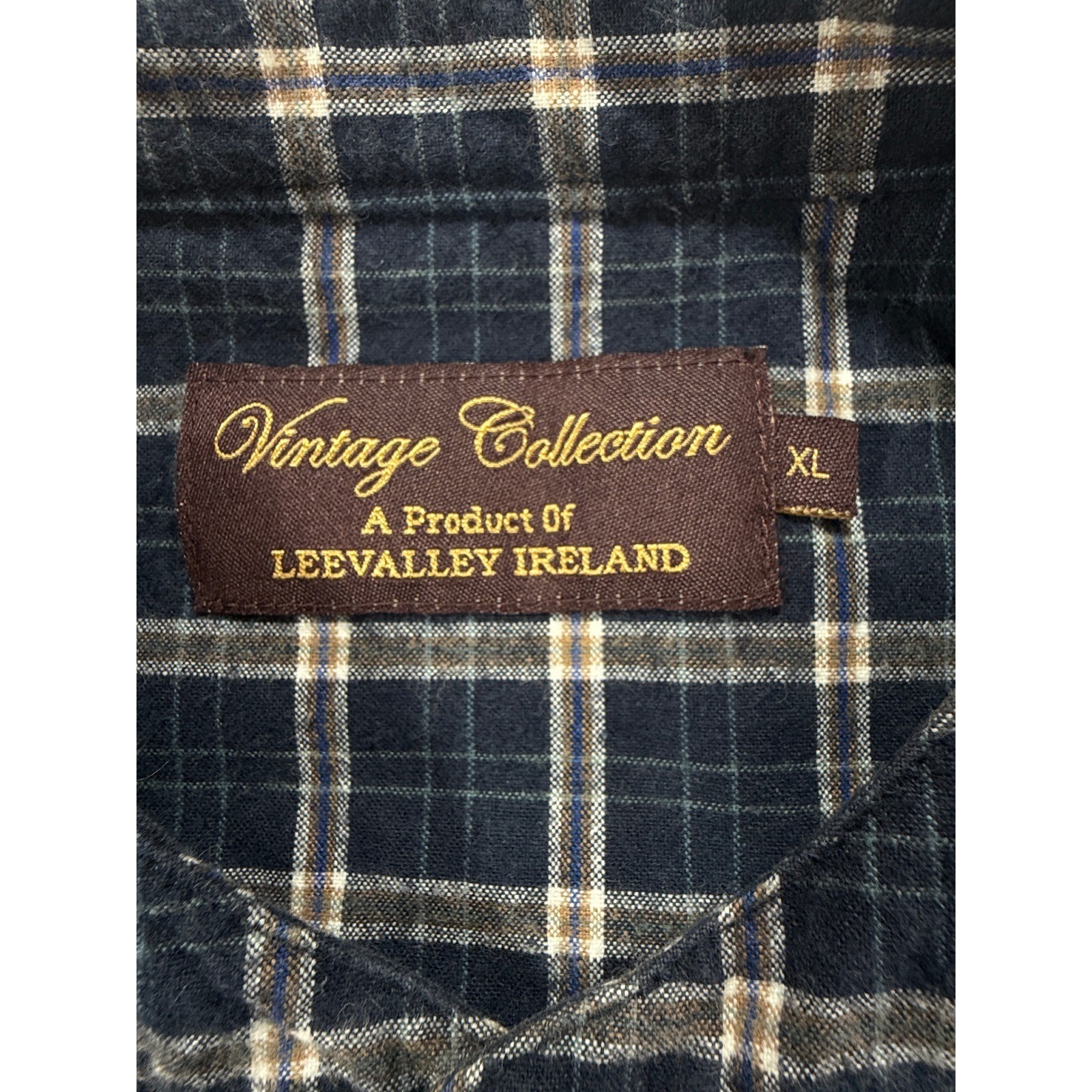 Lee Valley Ireland Grandfather Shirt XL Navy Blue Plaid Flannel Band Collar Mens