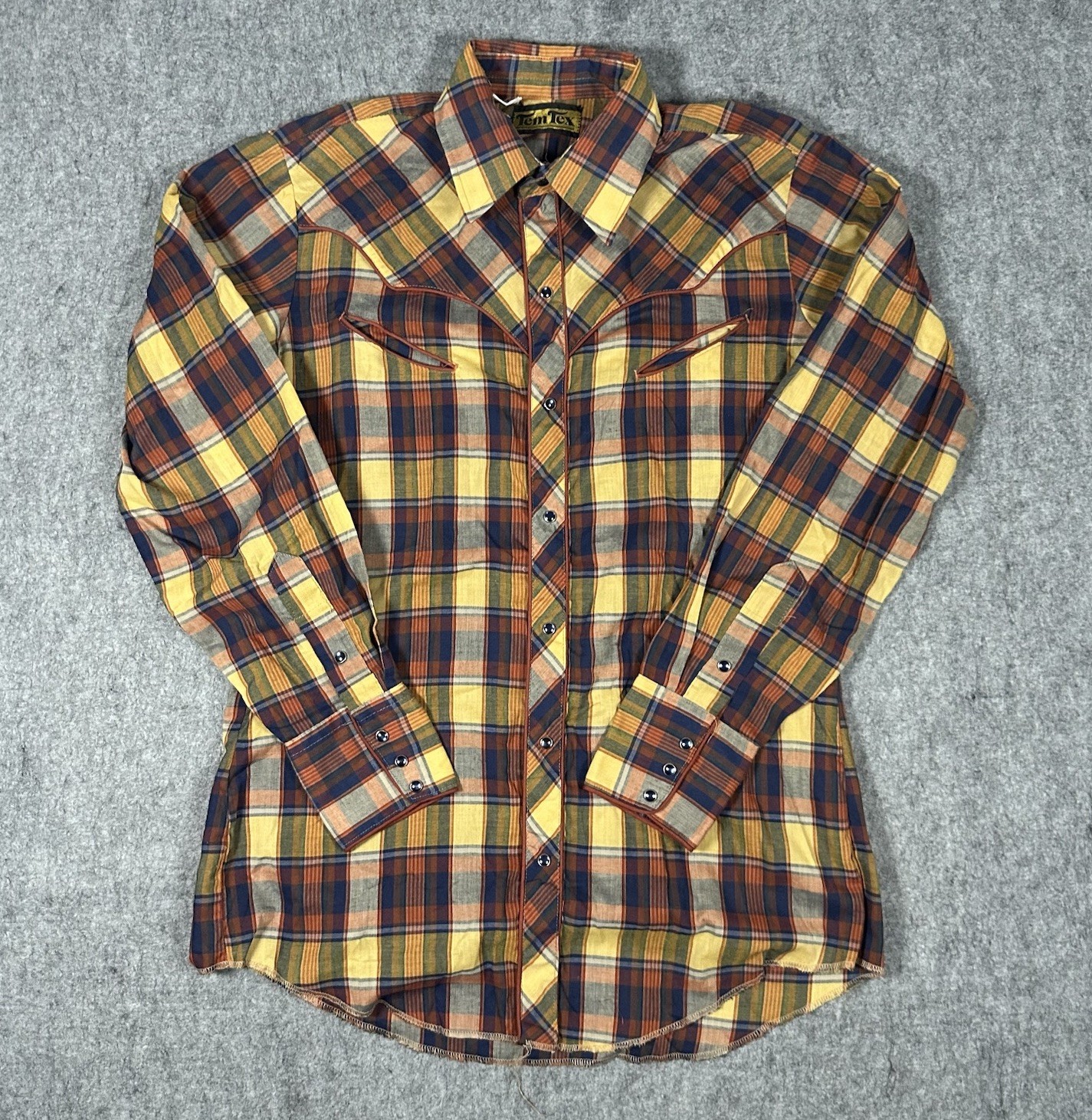 Vintage Tem-Tex Pearl Snap Western Plaid Cowboy Shirt 70s Medium 15.5-33 Outdoor