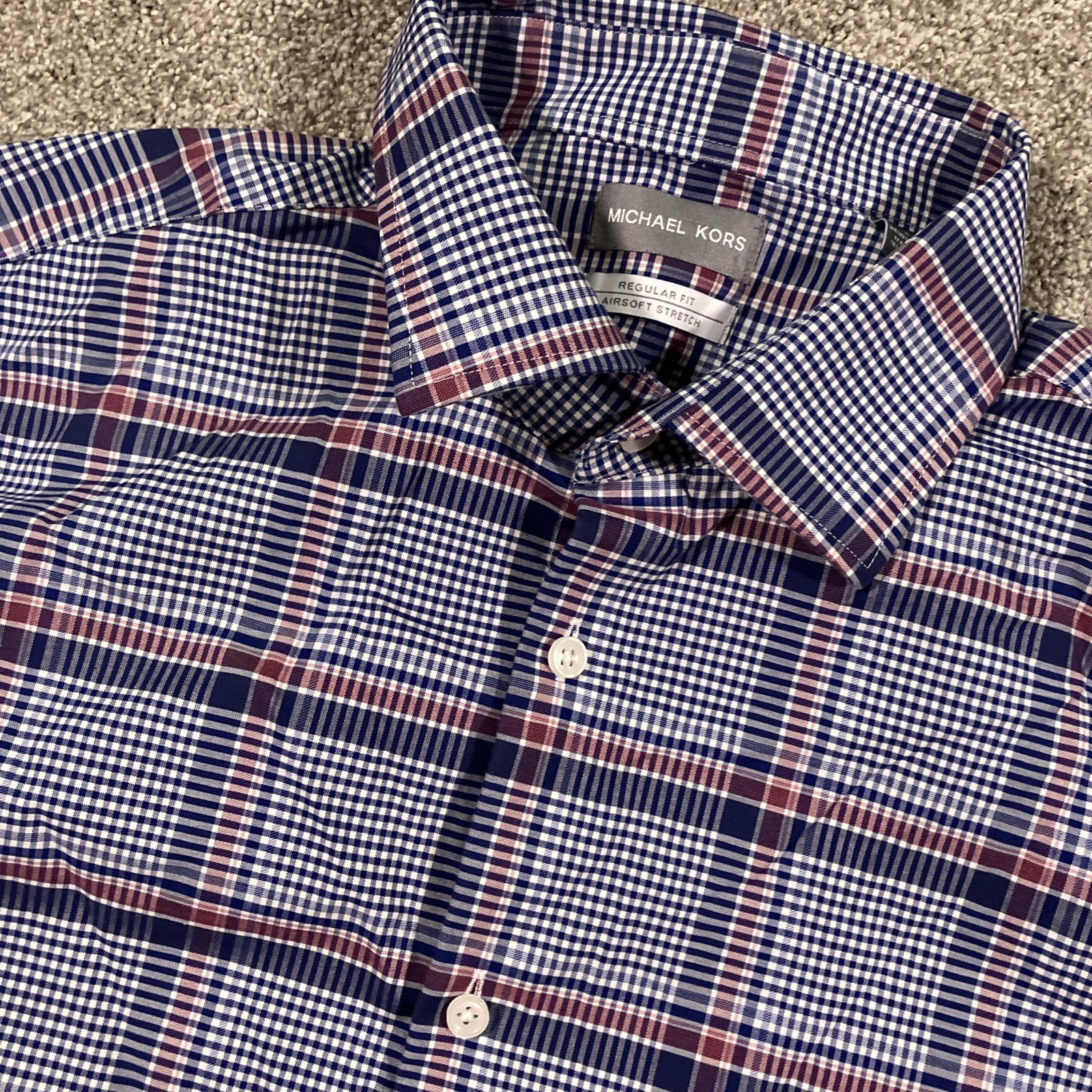 Michael Kors Airsoft Stretch Shirt Mens Large Preppy Business Corporate Plaid