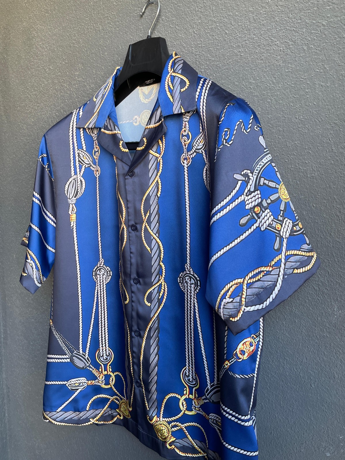 Versace Men’s Blue Baroque Rope Print Button-Up Camp Collar Shirt XL