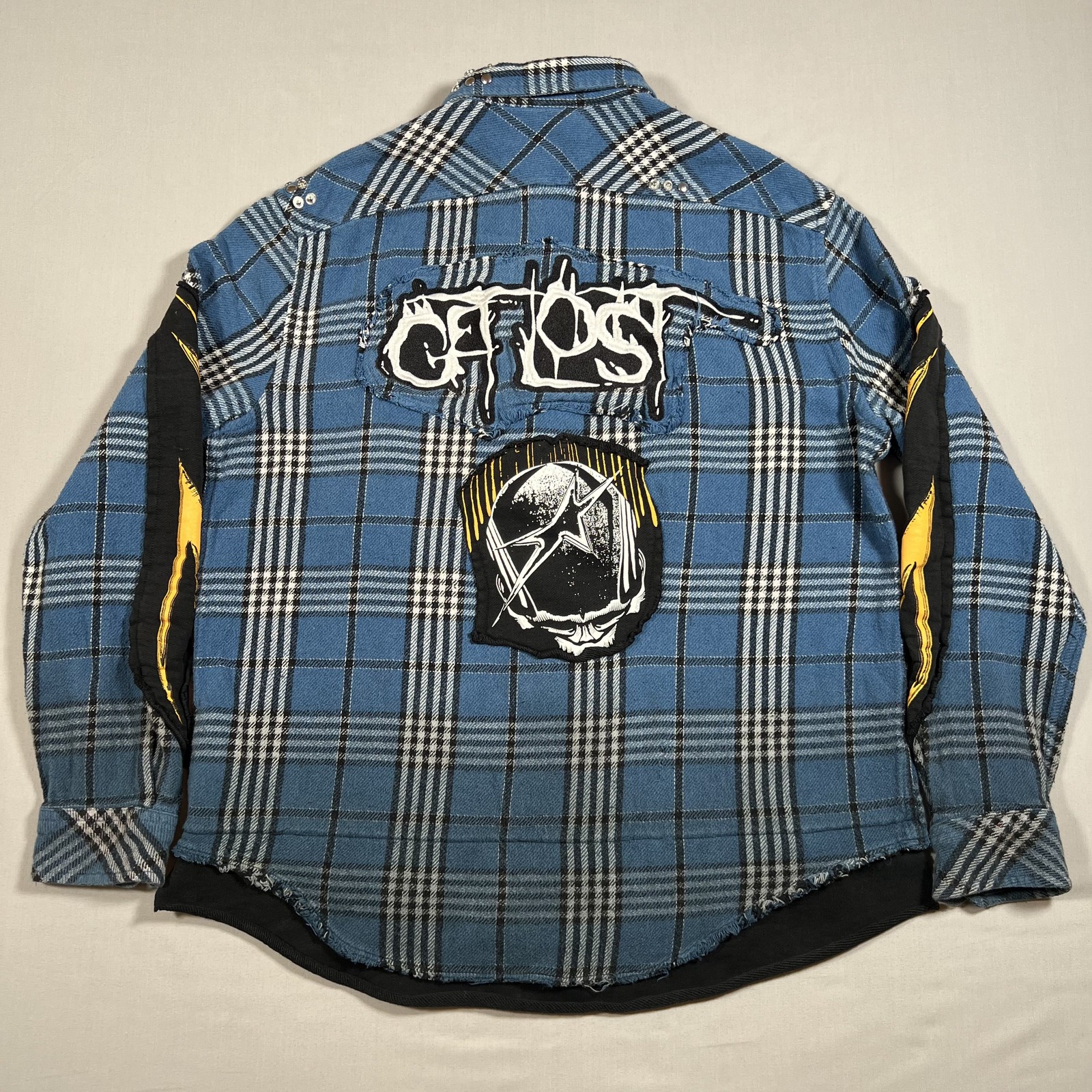 DIesel Men’s Blue Plaid Flannel Shirt Studded Patches Lightning Bolt Size S Y2K