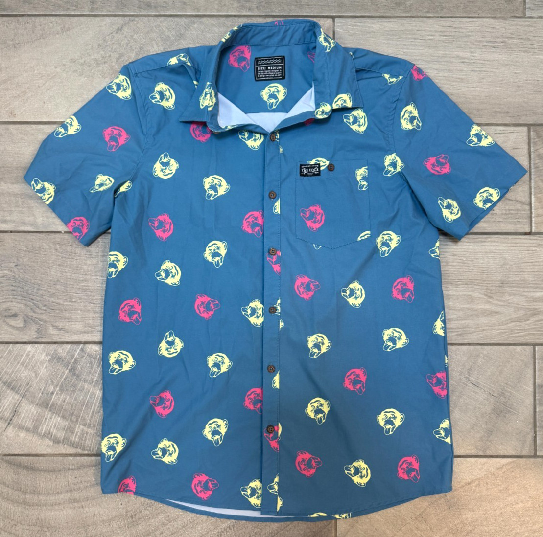Men’s Button Up Shirt Size Medium Blue Monkey Print Short Sleeve Casual