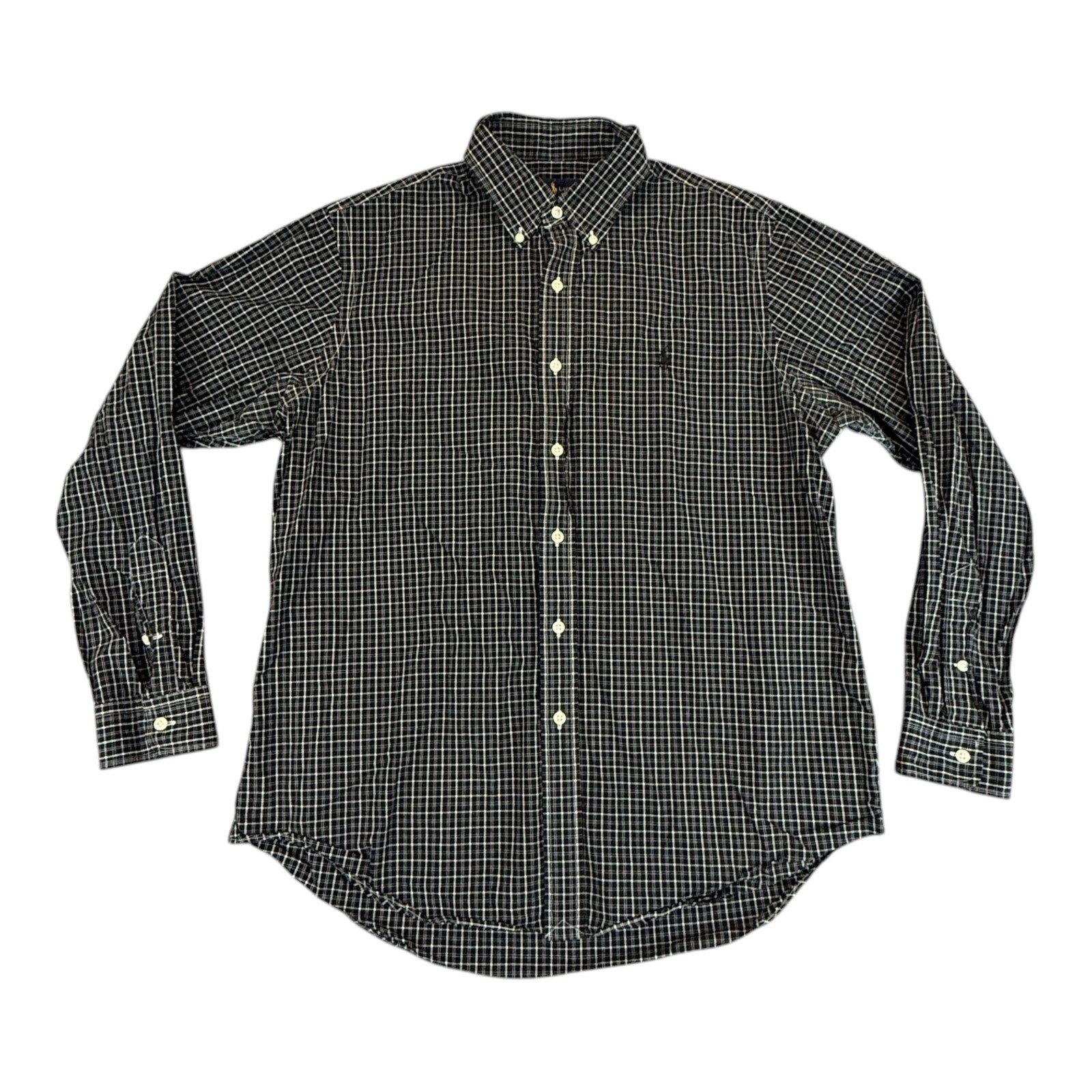 Ralph Lauren Shirt Mens Large Black White Grid Check Button Down Cotton Work