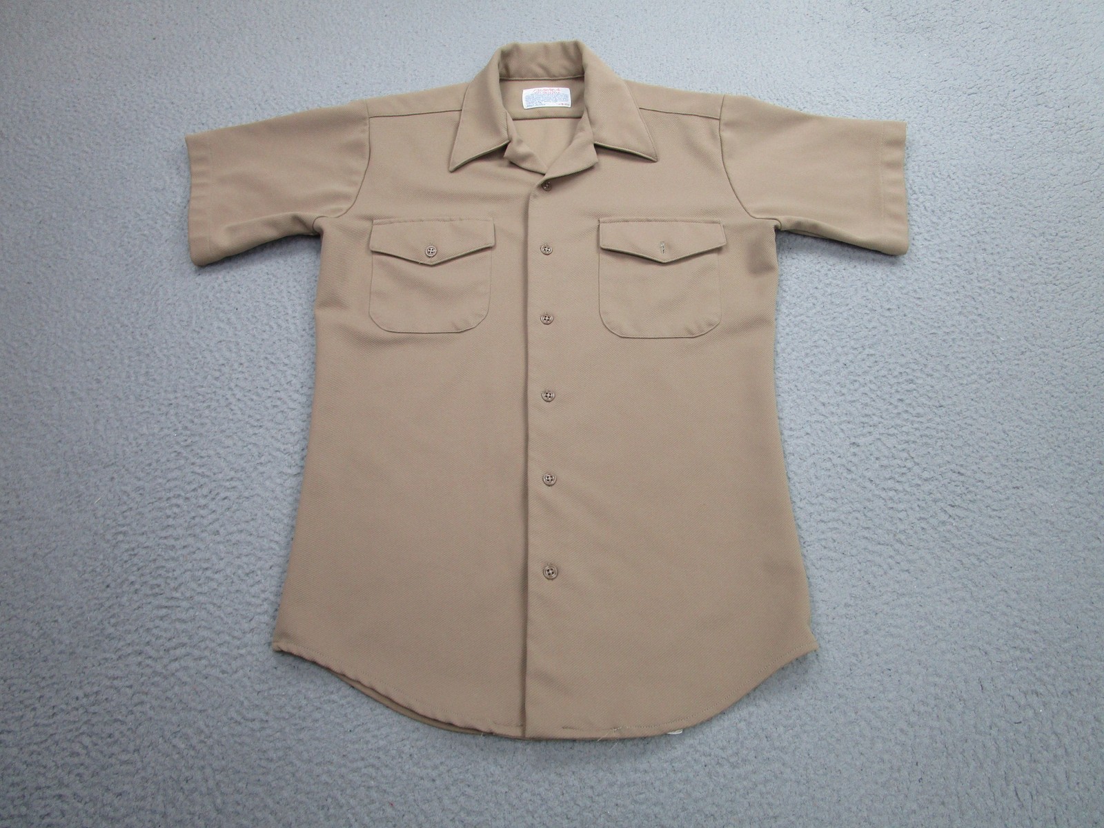 Vintage Creighton Shirt Mens Small Khaki Tan Poly Uniform Military Work USA 70s