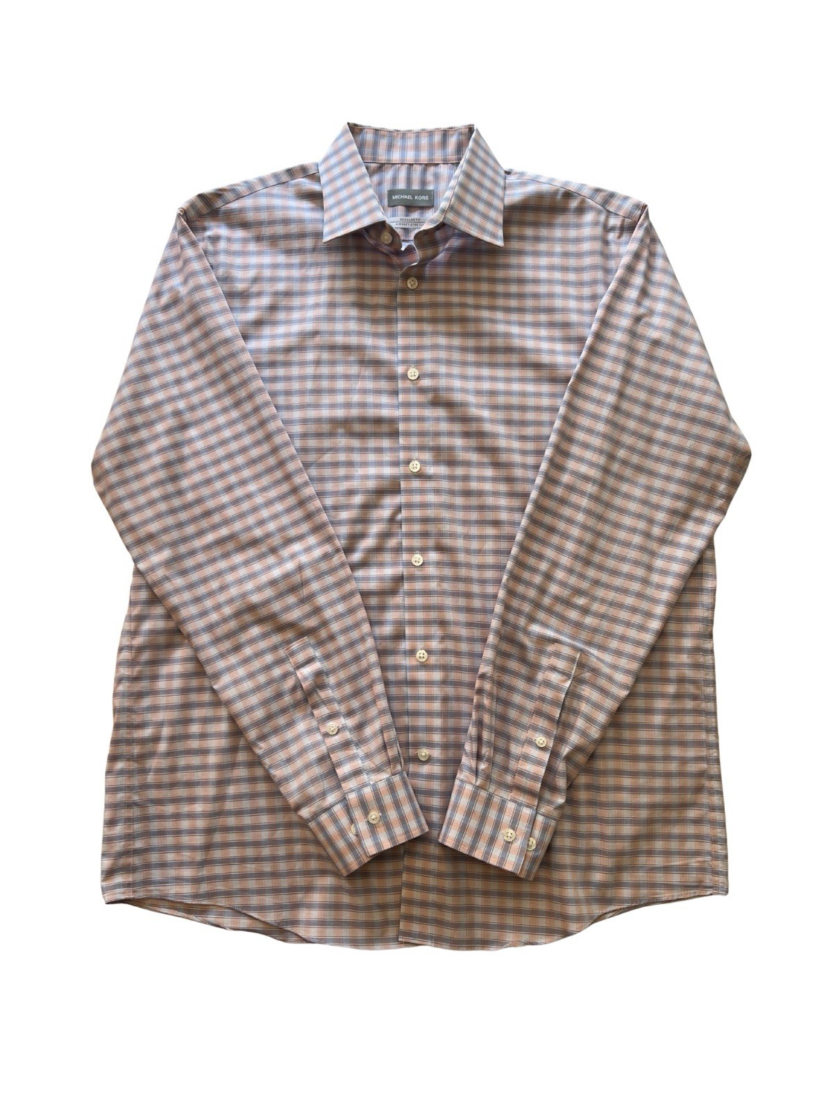 Michael Kors Men’s L 16.5 34/35 Tattersall Check Plaid Button Up Airsoft Stretch