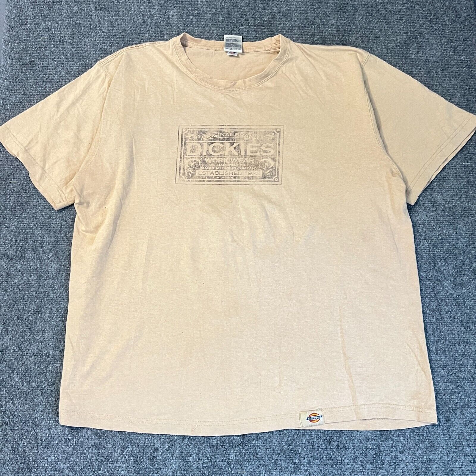 Vintage Dickies Shirt Men’s XL Beige Short Sleeve Graphic Print Work Wear Retro