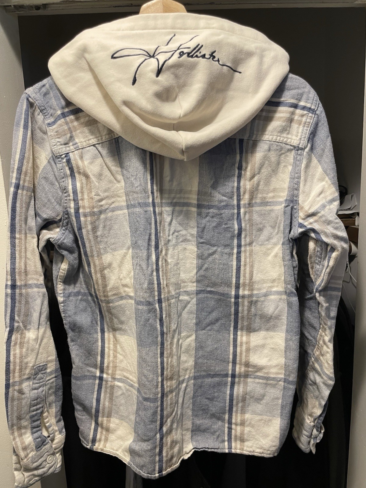 Hollister Men’s S Plaid Hooded Button-Up Shirt Blue/White Long Sleeve Cotton