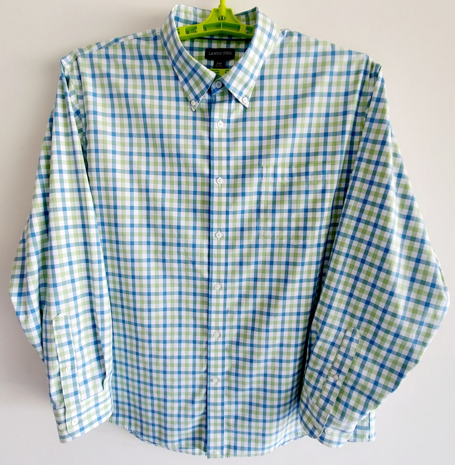 LANDS END Mens XXL 18-18 1/2 White Blue Green & Check Woven Shirt