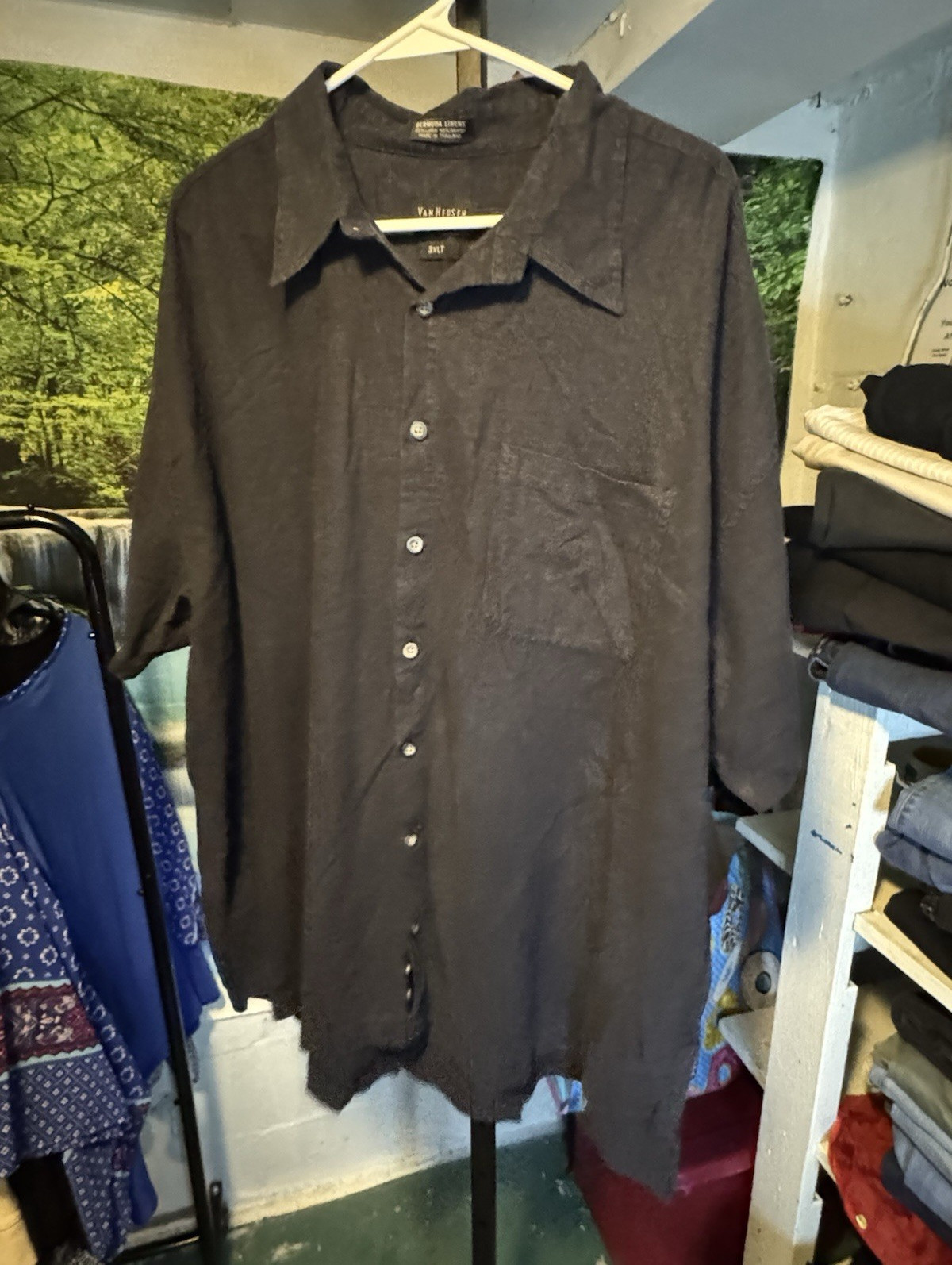 Van Heusen Black Linen Rayon Solid Button-Up Shirt Men’s 3XLT Short Sleeve