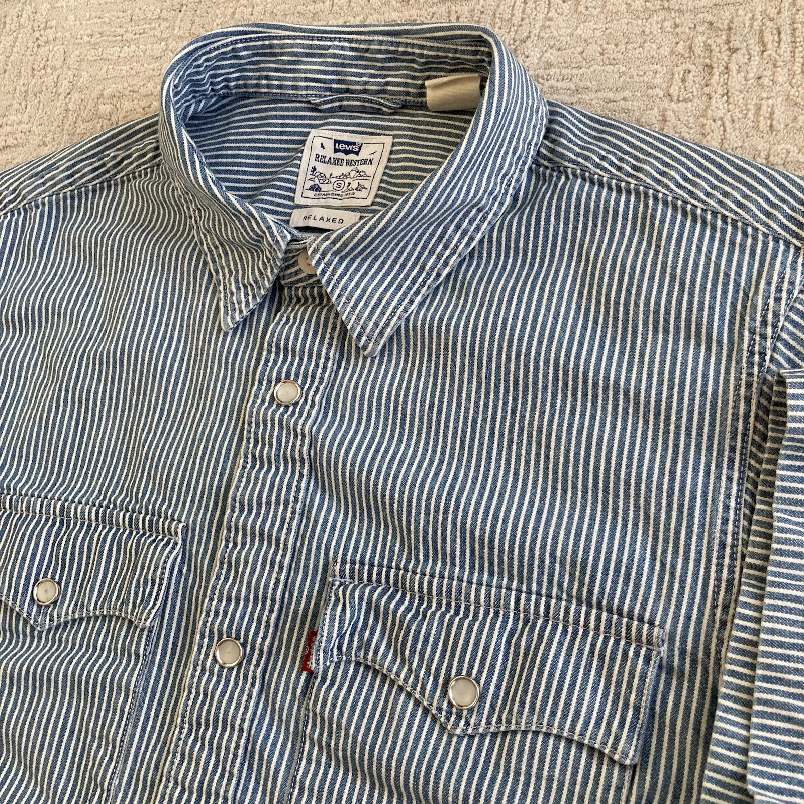 Levis Railroad Stripe Denim Shirt Men’s Small Short Sleeve Western Snap Button