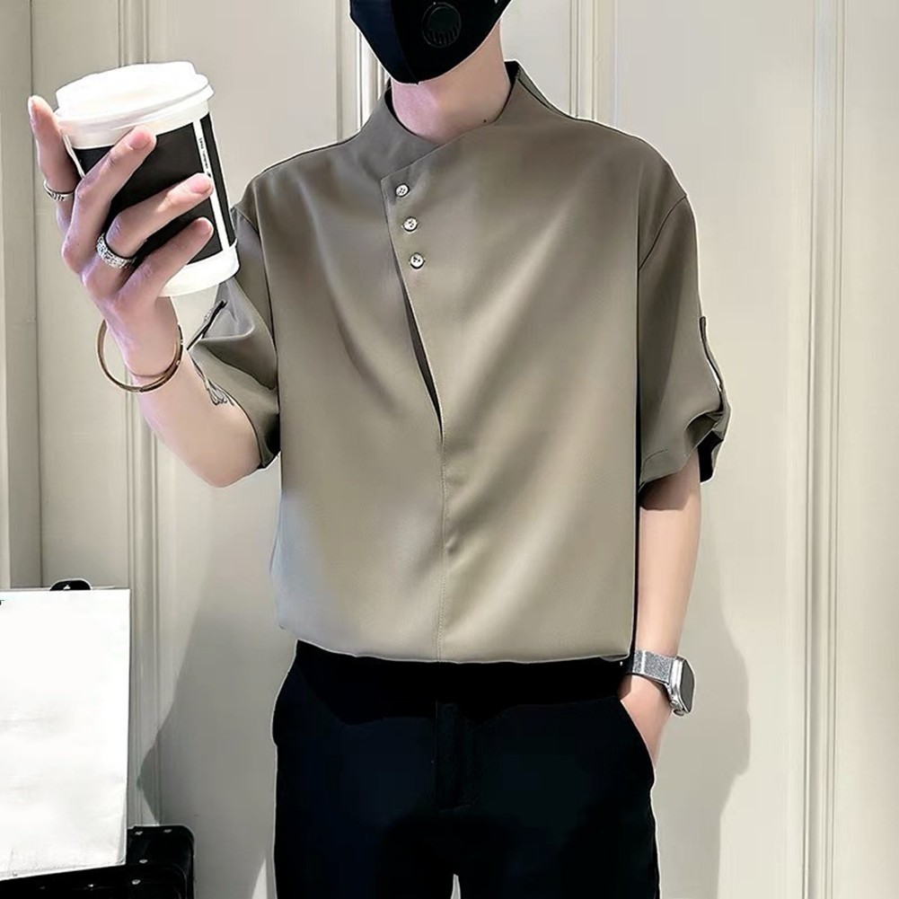 Men’s T Shirt Half Sleeve Irregular for stand Collar Casual Solid Color Spring