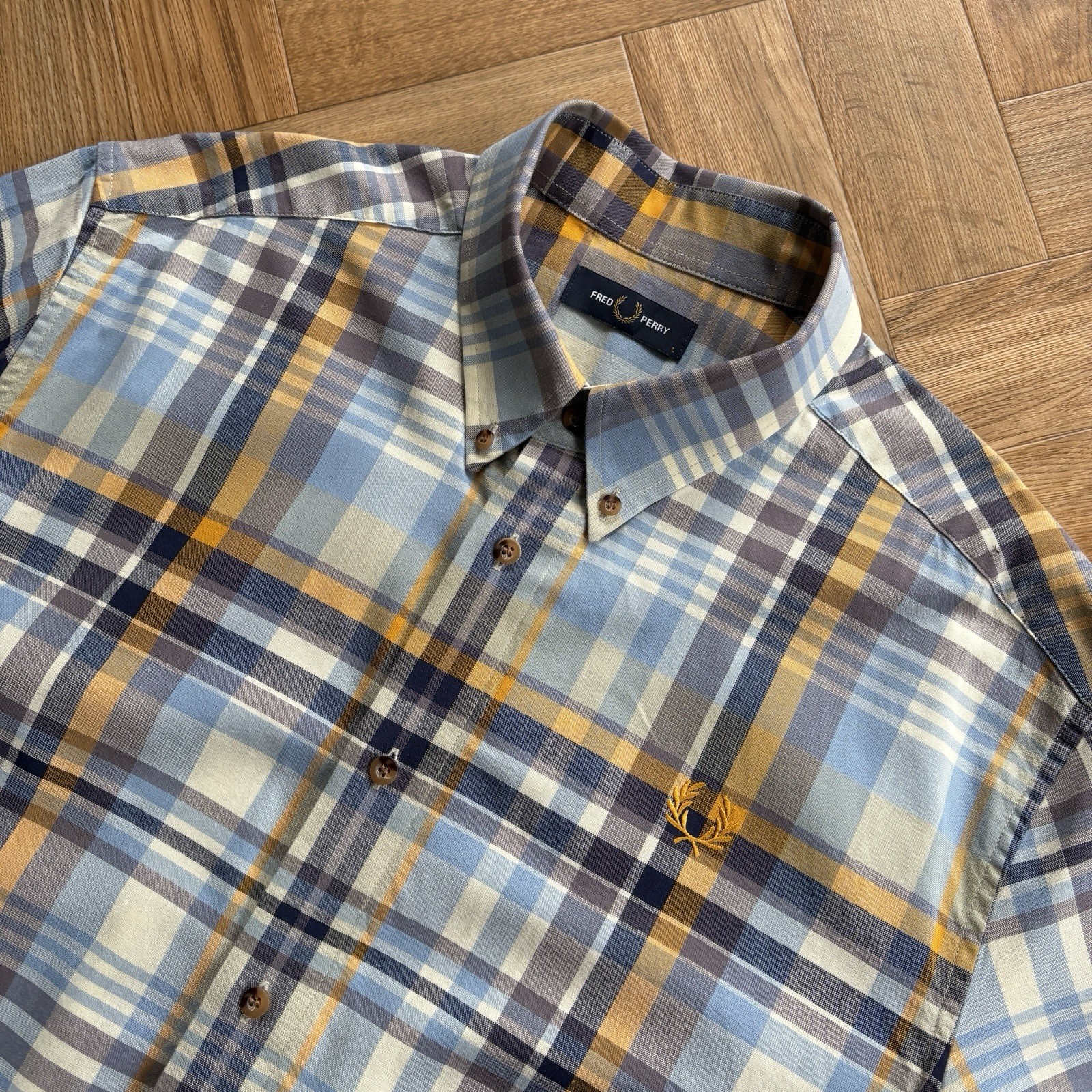 FRED PERRY Short Sleeve Check Shirt Blue White Orange Mens Size Large Mod 60s