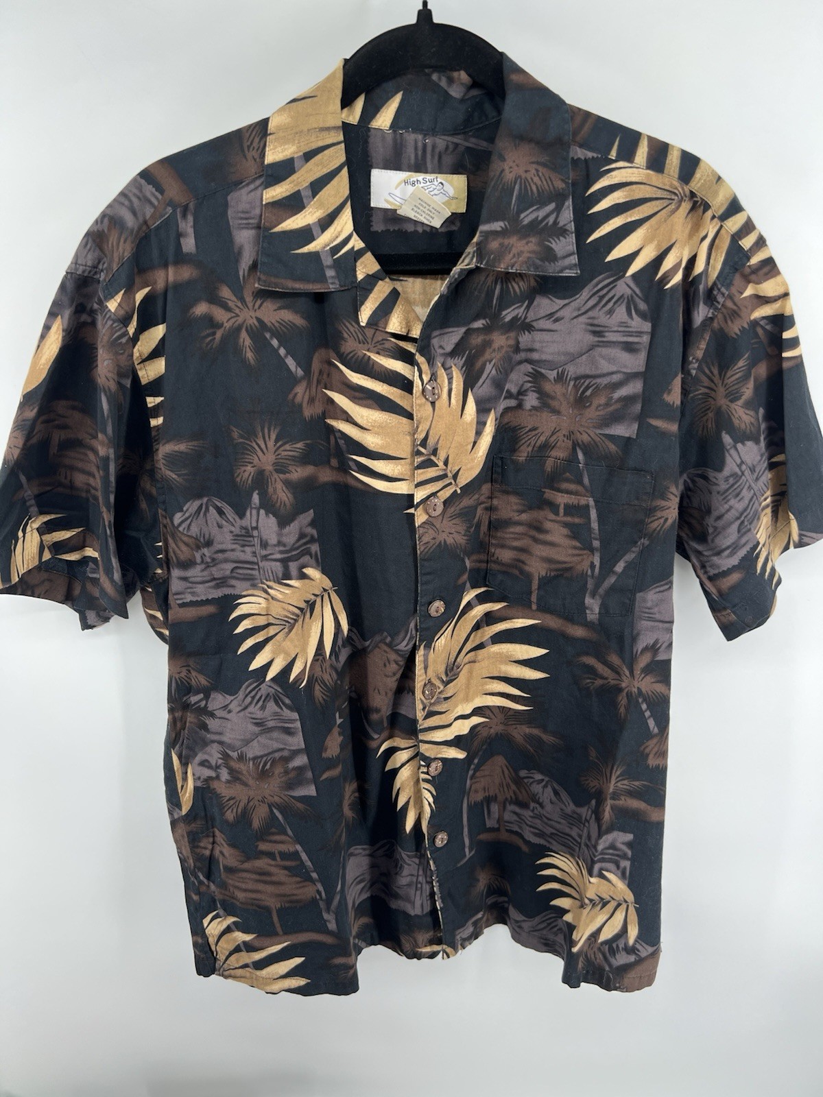 High Surf Men’s Black Brown Beige Tropical Hawaiian Cotton Woven Shirt L Pockets