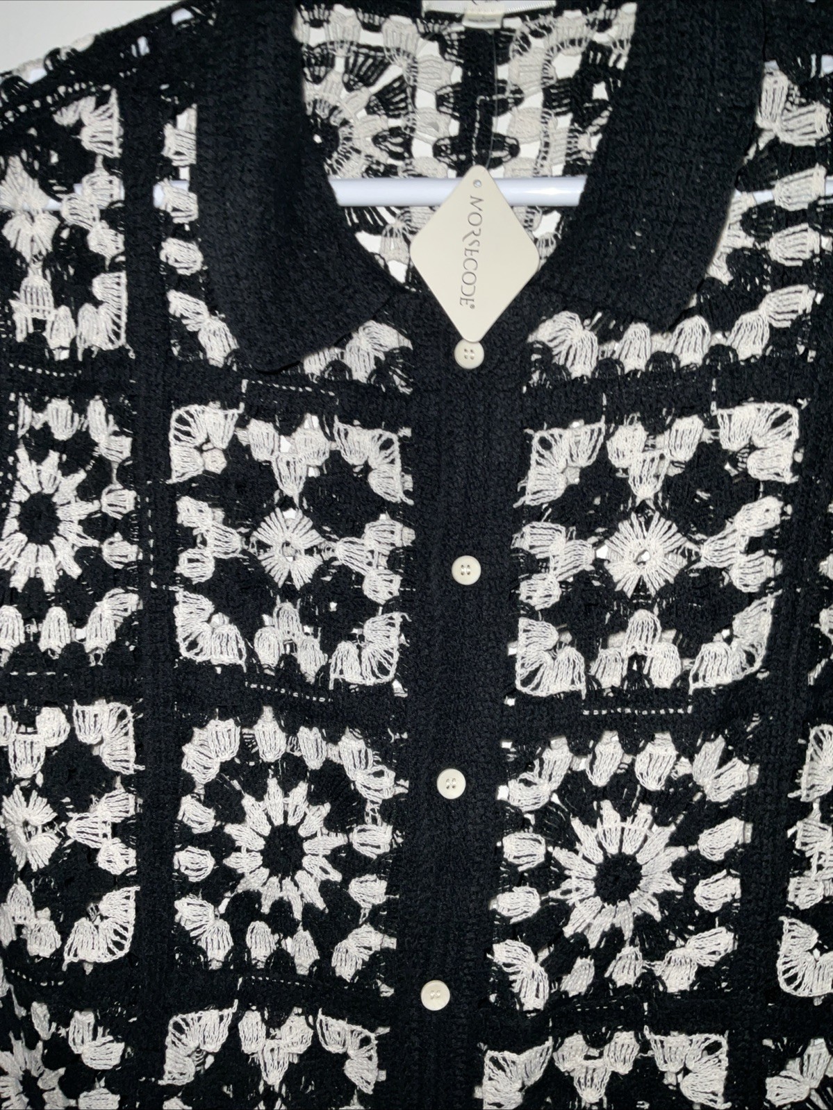 MORSECODE CROCHET OPEN LOOSE KNIT SQUARE PATCHWORK BLACK BUTTON SHIRT L NWT