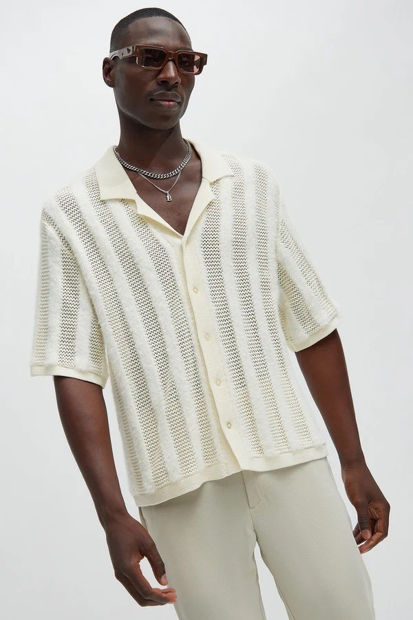 Nova Men Button Down Shirt Striped Textured Knit Size Large White Short Sleeve