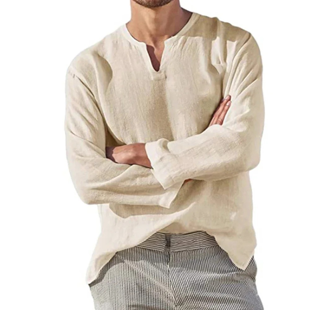 Men’s Cotton Linen Shirt V Neck Long Sleeve Casual Solid Color LightweightSummer