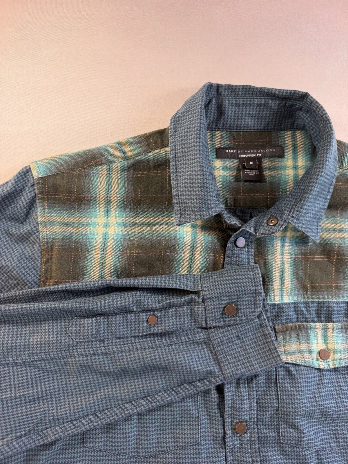 Marc by Marc Jacobs Shrunken Fit Shirt Mens M Blue Green Plaid Flannel Pockets