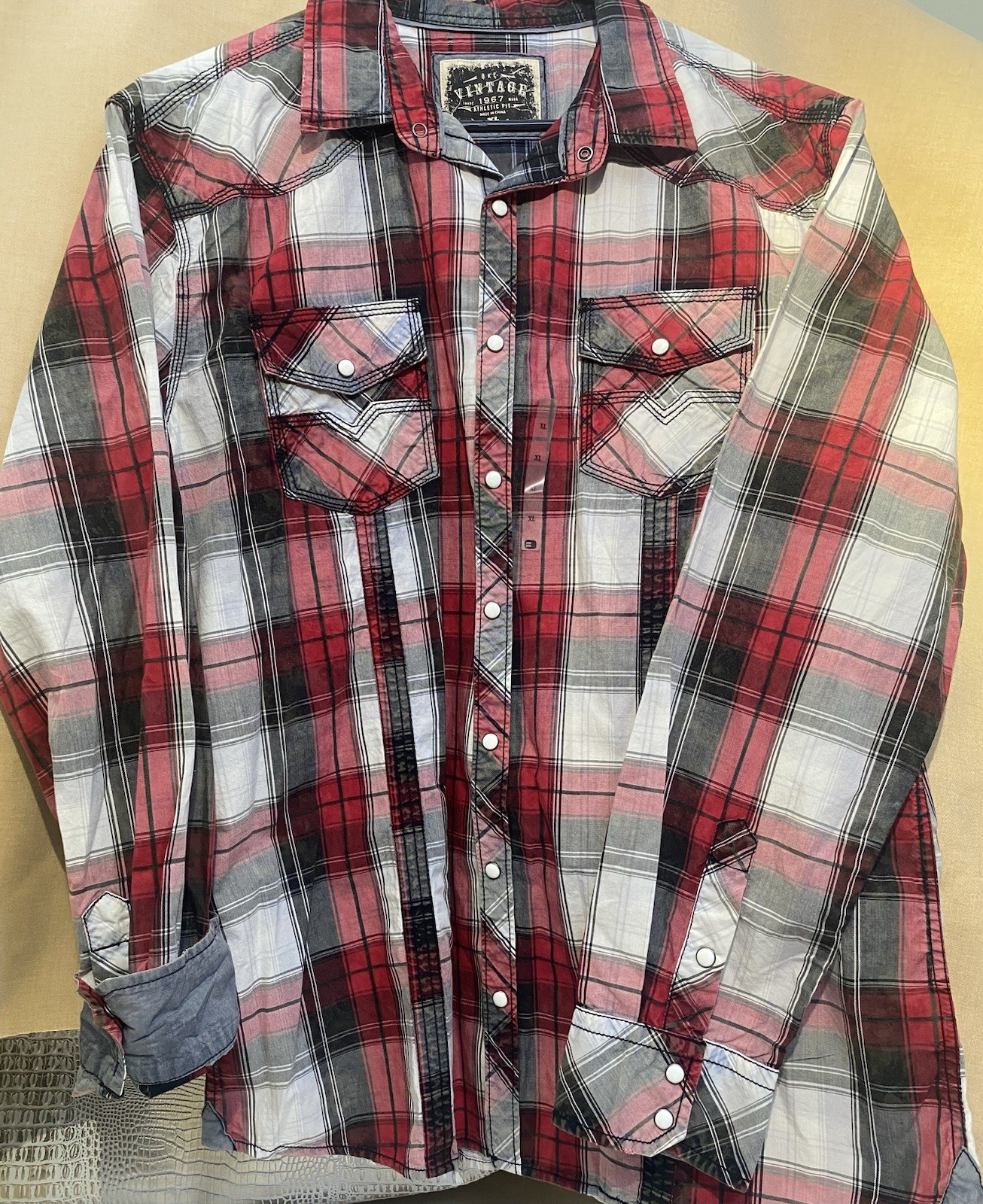 Men’s BKE Vintage 1967 Red Black Plaid Western Pearl Snap Long Sleeve Shirt XL