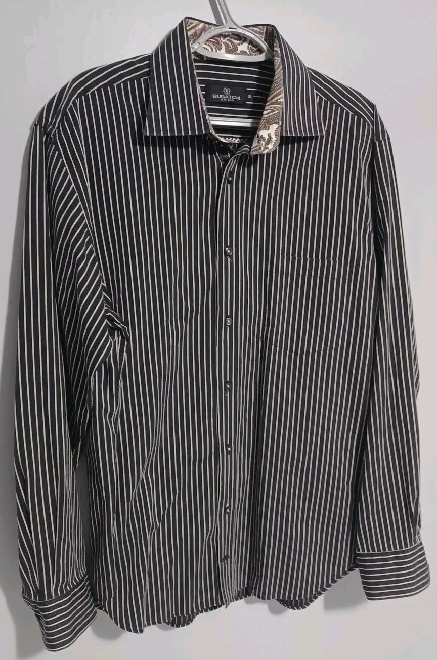 Bugatchi Uomo Button Down Shirt Mens Sz XL Black Striped Flip Cuff Floral Collar