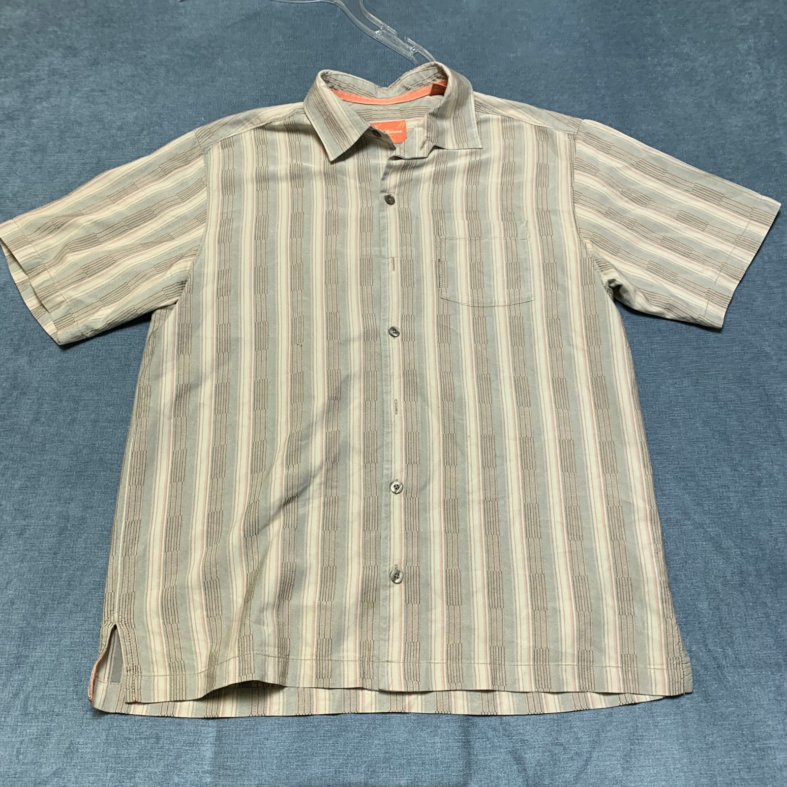 Tommy Bahama Shirt Mens M Beige Striped Silk Side Slit Button Up Summer Wear