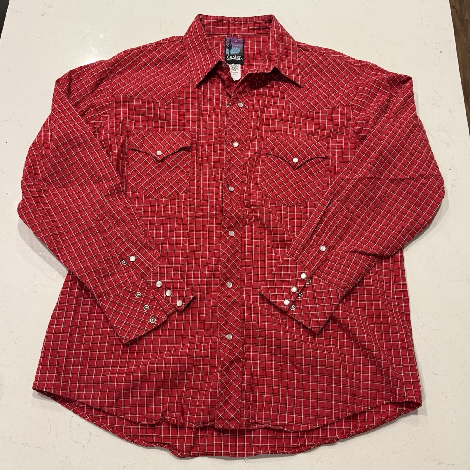 Vintage Custer Mens Red Plaid Western Pearl Snap Shirt Long Sleeve Large L