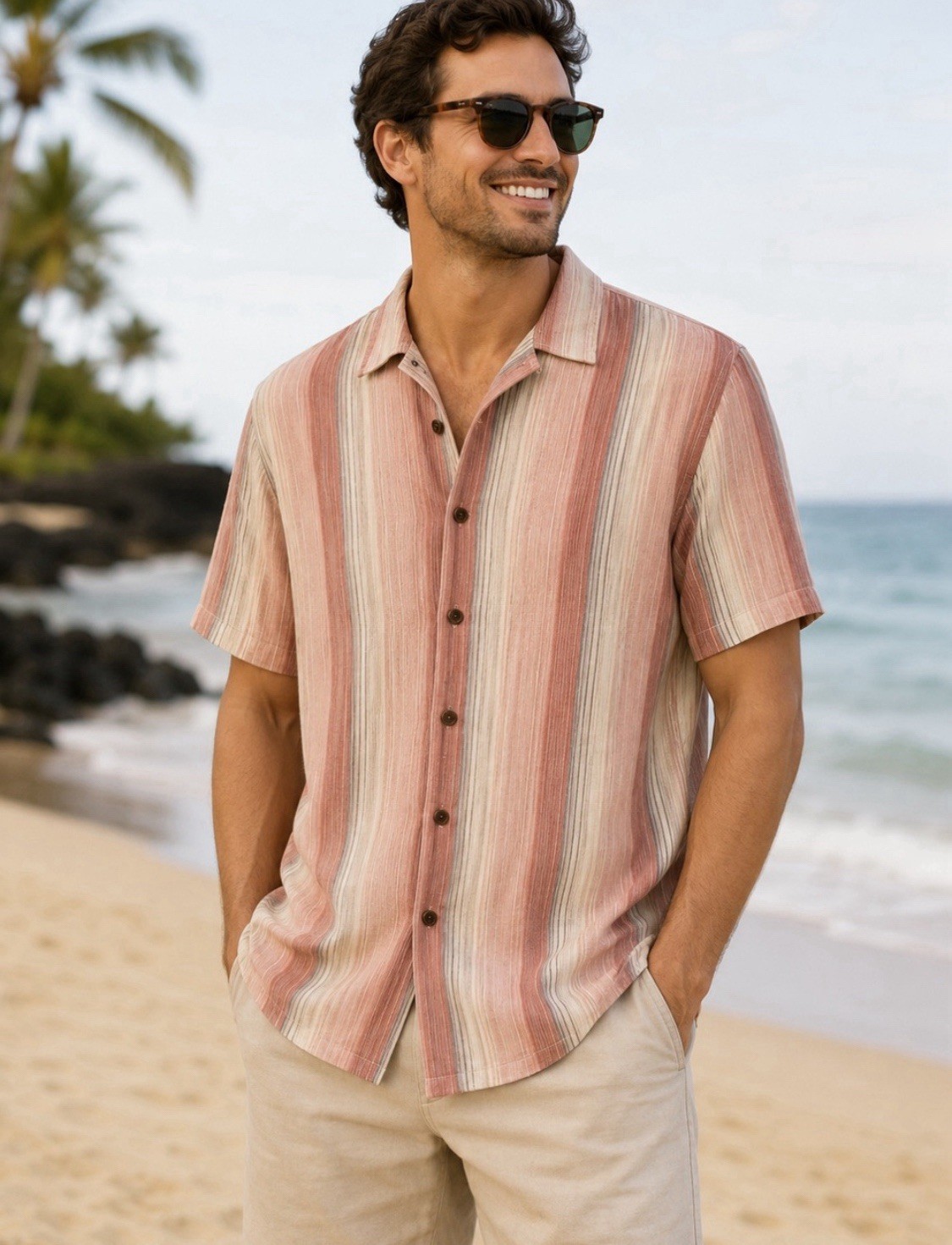Island Republic Collection Men’s Silk Pink/Peach Stripe Short Sleeve size XL